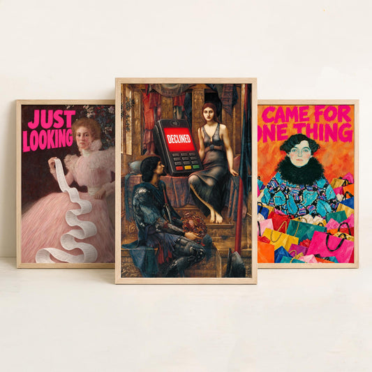 Funny Shopping Set of Three Art Prints - Just Looking, I Came for One Thing, Declined - Classic Painting Parody Poster