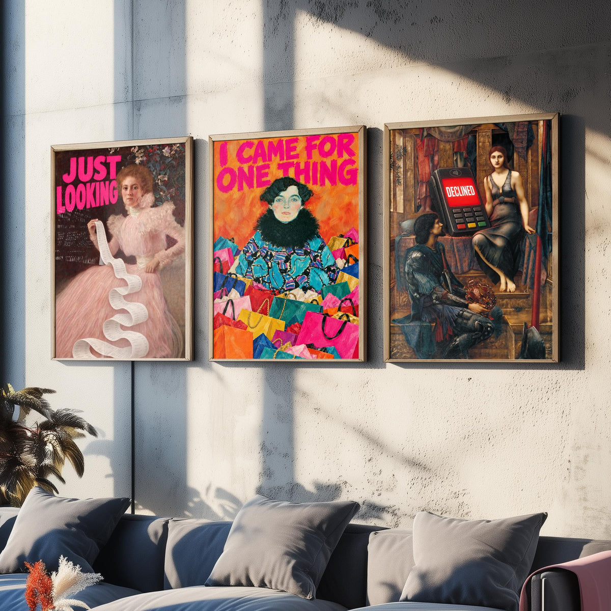 Funny Shopping Set of Three Art Prints - Just Looking, I Came for One Thing, Declined - Classic Painting Parody Poster