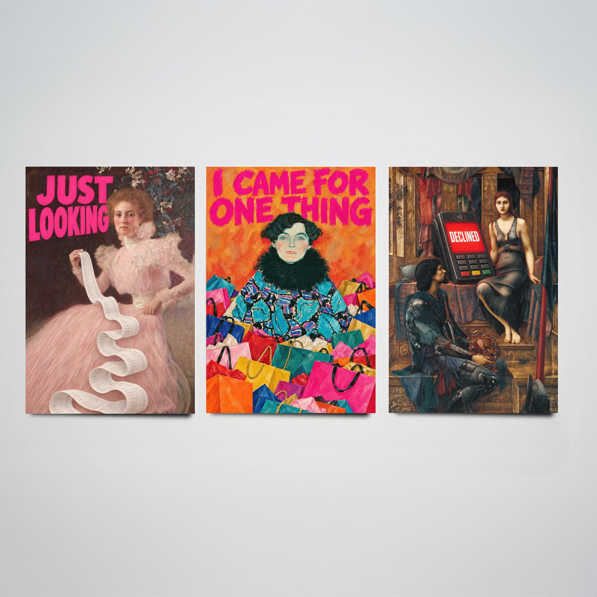 Funny Shopping Set of Three Art Prints - Just Looking, I Came for One Thing, Declined - Classic Painting Parody Poster