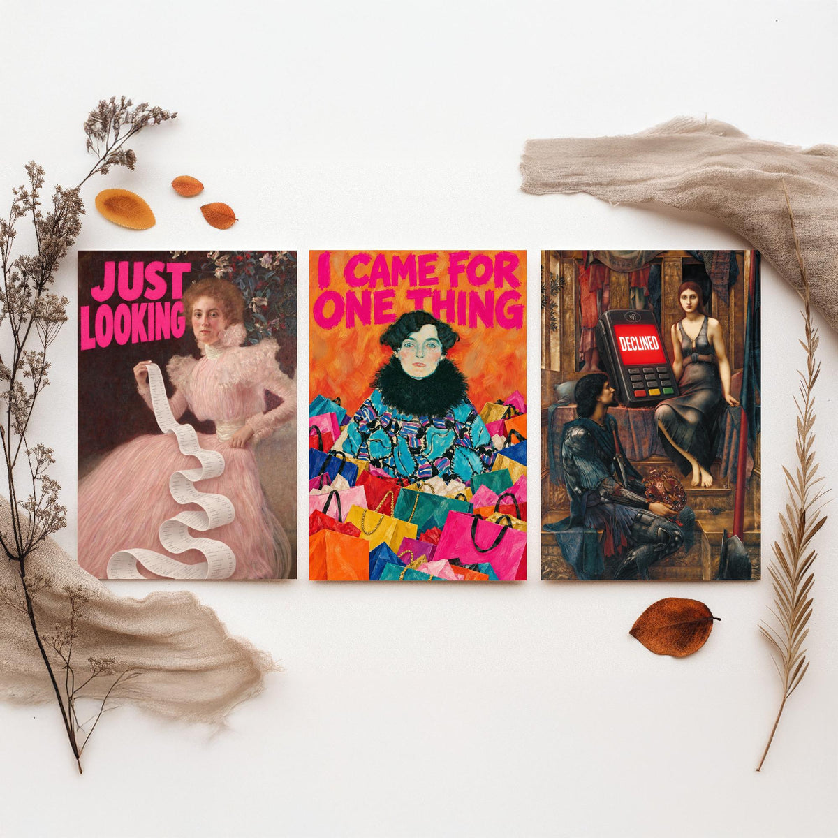 Funny Shopping Set of Three Art Prints - Just Looking, I Came for One Thing, Declined - Classic Painting Parody Poster