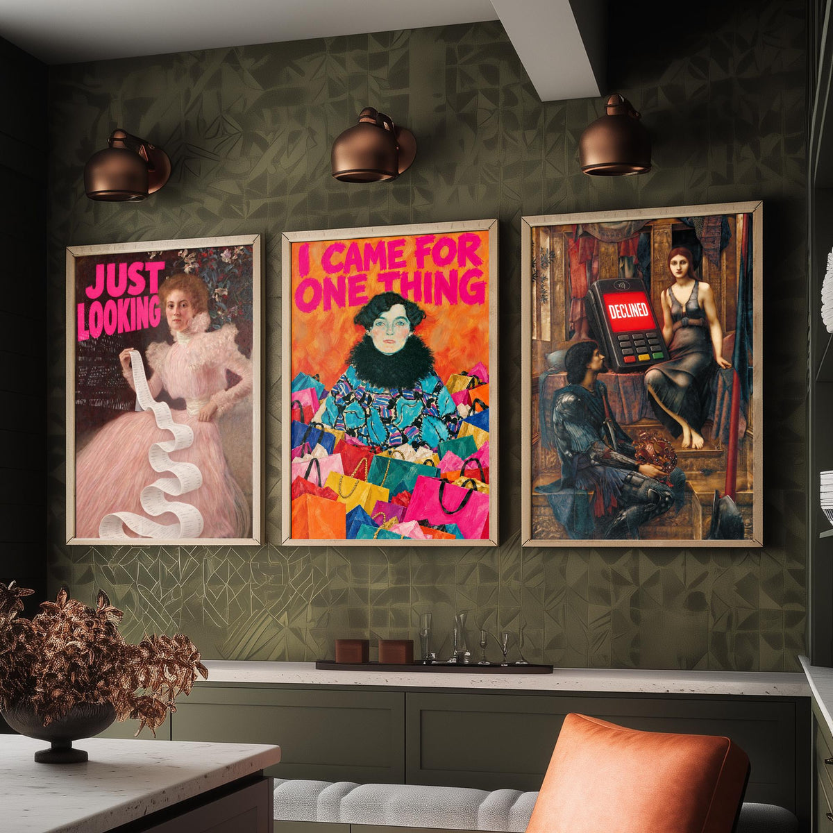 Funny Shopping Set of Three Art Prints - Just Looking, I Came for One Thing, Declined - Classic Painting Parody Poster