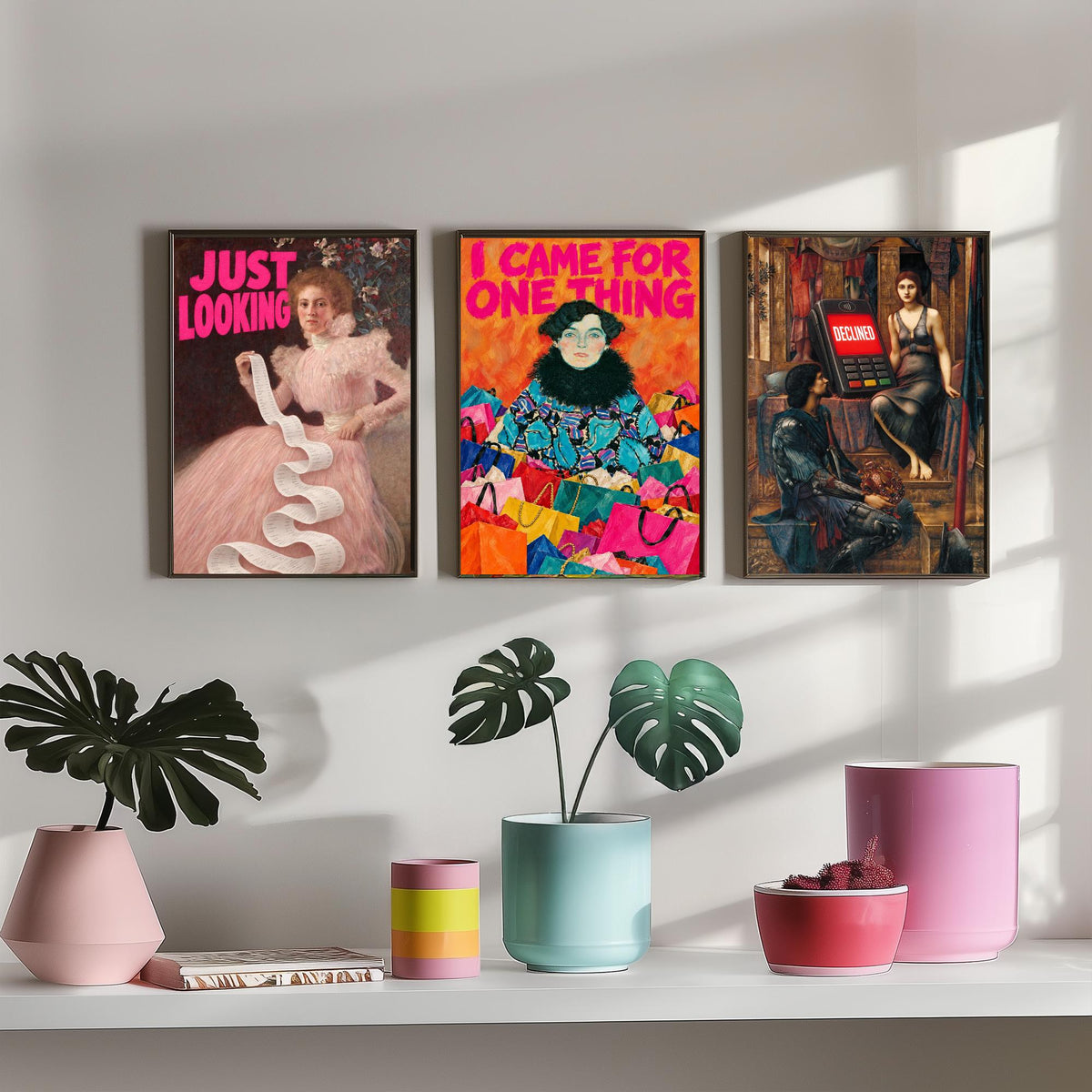 Funny Shopping Set of Three Art Prints - Just Looking, I Came for One Thing, Declined - Classic Painting Parody Poster