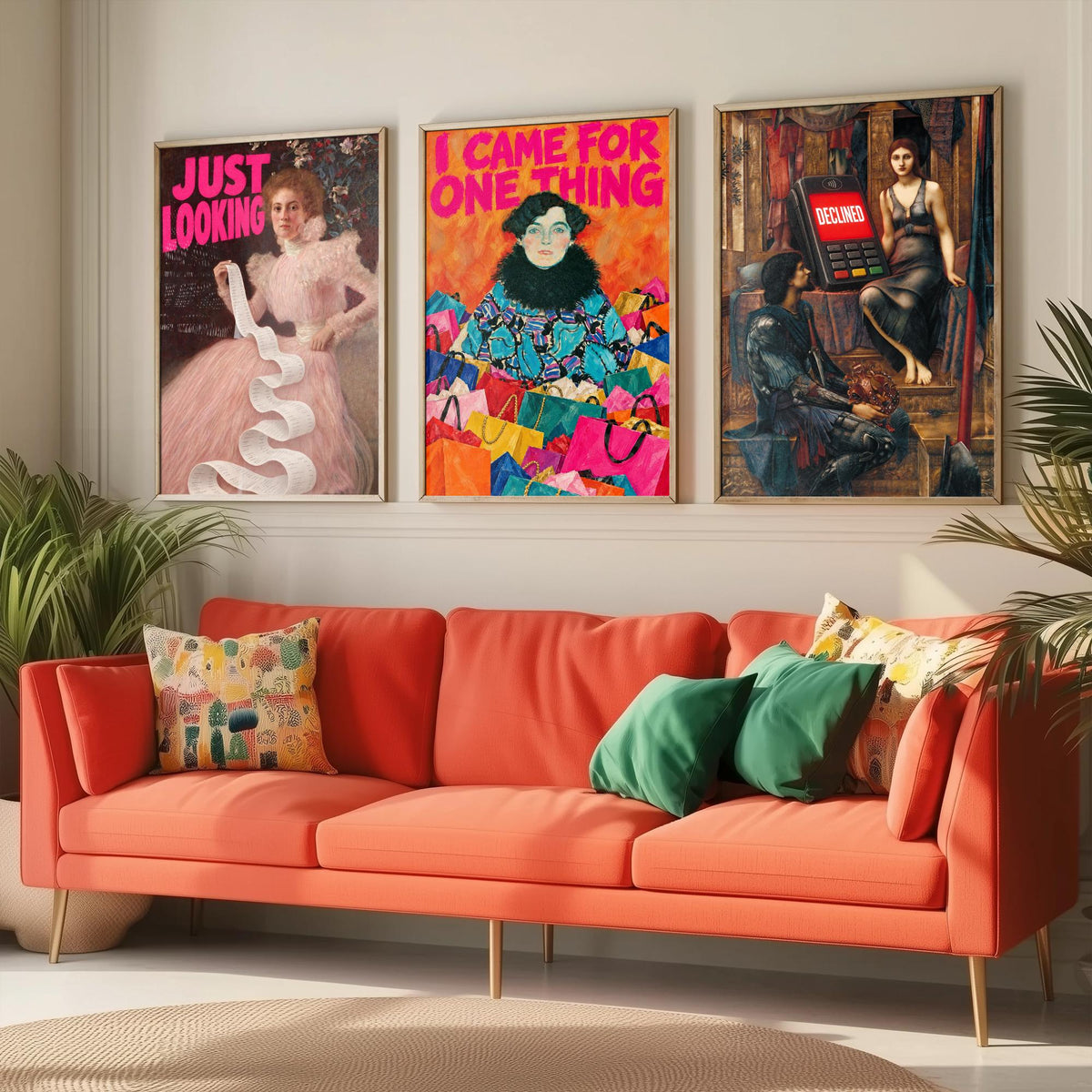Funny Shopping Set of Three Art Prints - Just Looking, I Came for One Thing, Declined - Classic Painting Parody Poster