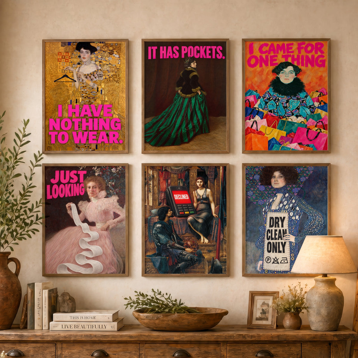 Set of Six Funny Shopping Art Prints - Nothing to Wear, It Has Pockets, Just Looking, Declined - Classic Painting Parody Poster