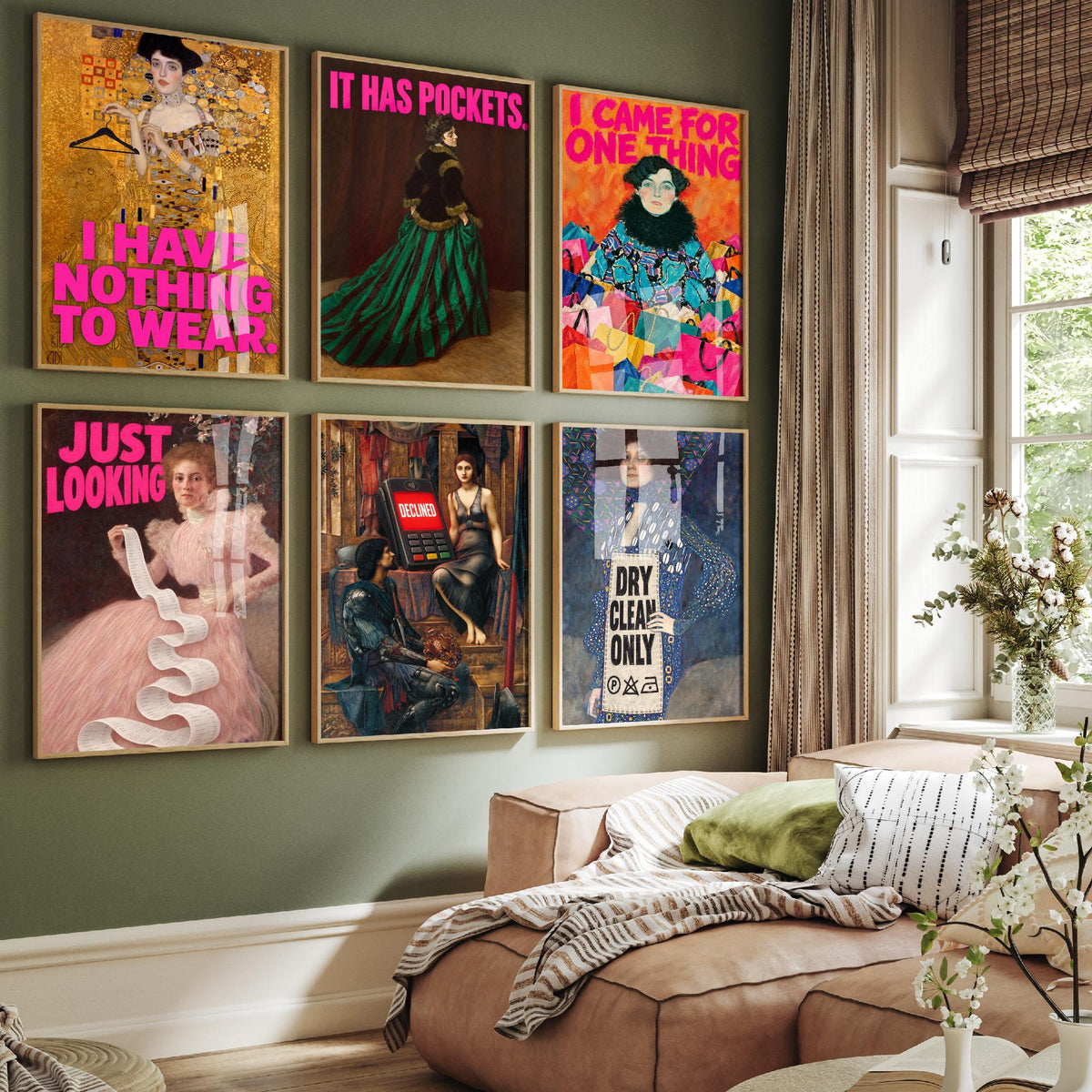 Set of Six Funny Shopping Art Prints - Nothing to Wear, It Has Pockets, Just Looking, Declined - Classic Painting Parody Poster