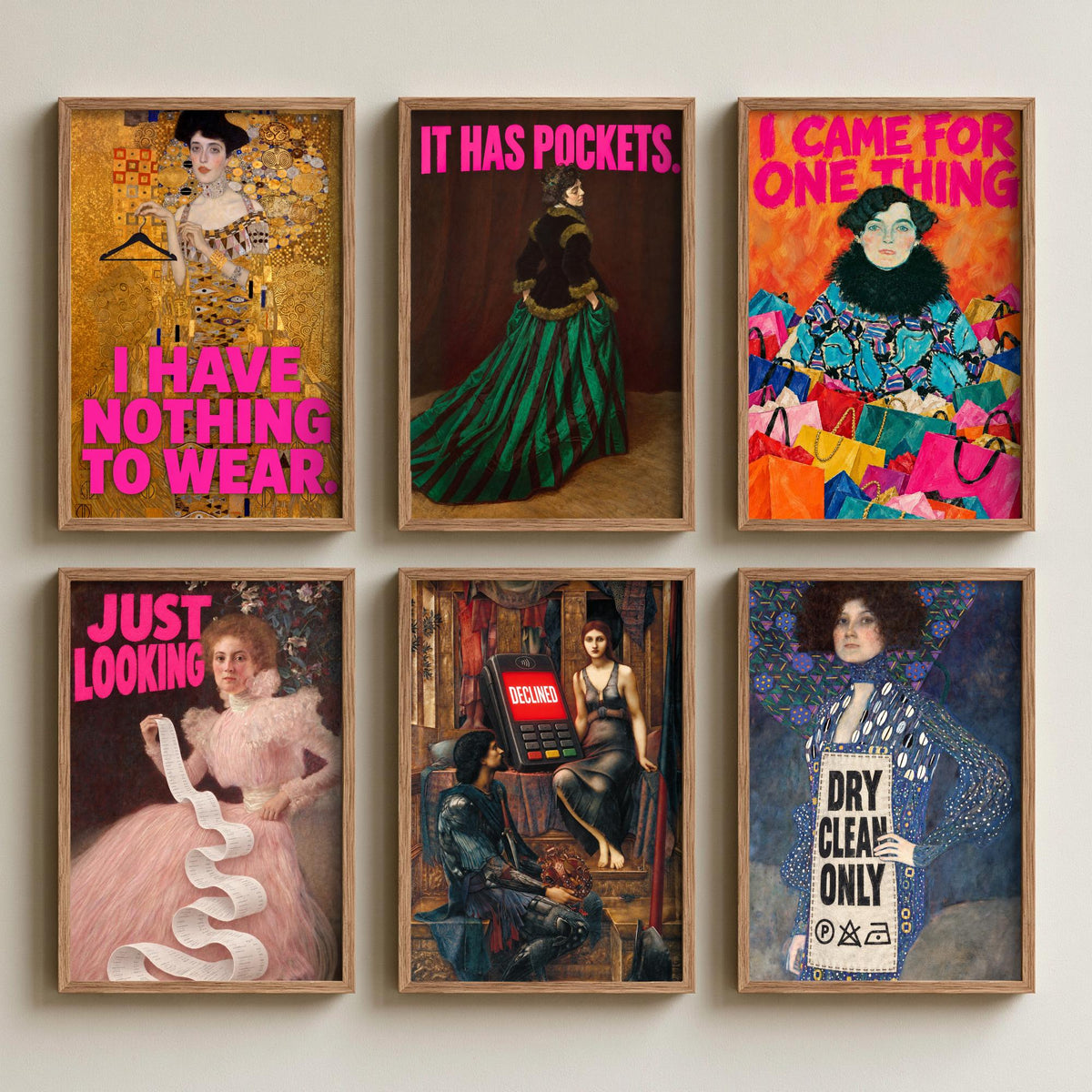 Set of Six Funny Shopping Art Prints - Nothing to Wear, It Has Pockets, Just Looking, Declined - Classic Painting Parody Poster