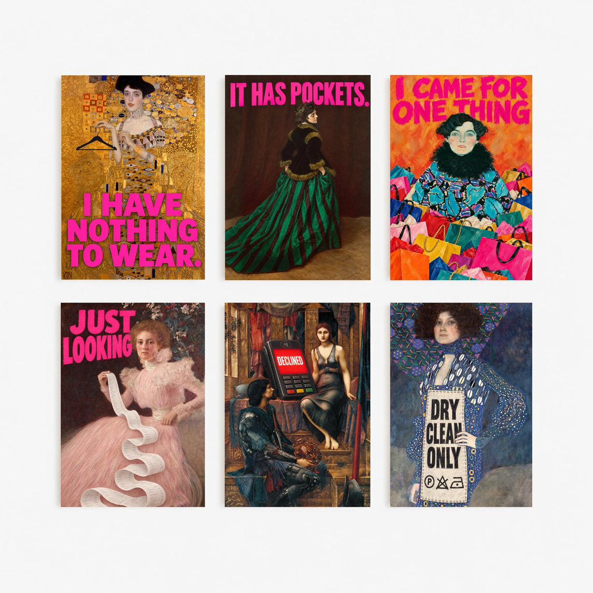 Set of Six Funny Shopping Art Prints - Nothing to Wear, It Has Pockets, Just Looking, Declined - Classic Painting Parody Poster