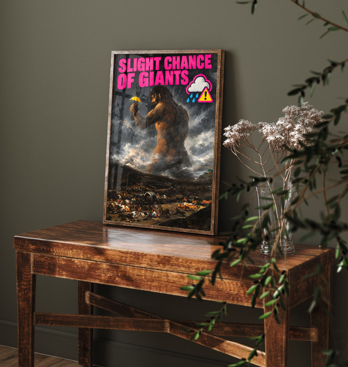 Slight Chance of Giants Funny Art Print - The Colossus by Goya Parody Poster - Altered Classic Painting - Weather Watcher Gift
