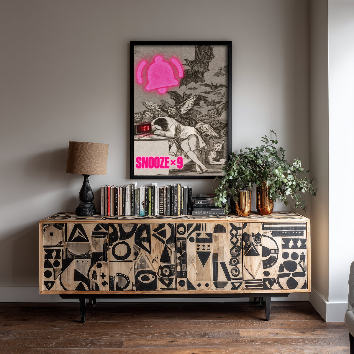 Snooze x9 Funny Art Print - The Sleep of Reason by Goya Parody Poster - Altered Classic Etching Illustration - Night Owl Gift