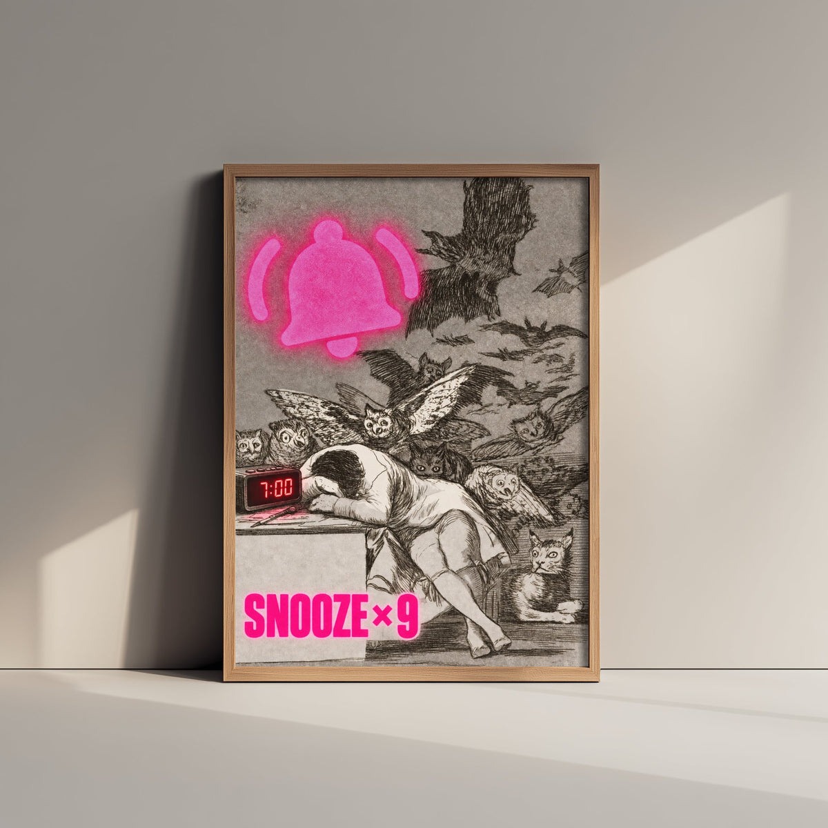 Snooze x9 Funny Art Print - The Sleep of Reason by Goya Parody Poster - Altered Classic Etching Illustration - Night Owl Gift