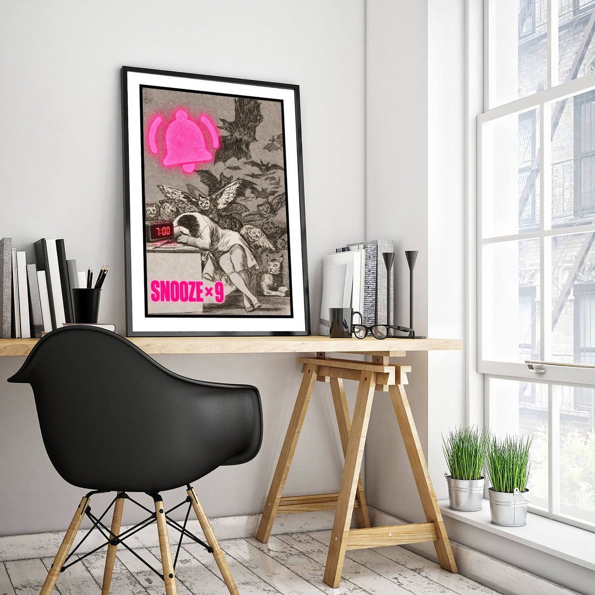 Snooze x9 Funny Art Print - The Sleep of Reason by Goya Parody Poster - Altered Classic Etching Illustration - Night Owl Gift