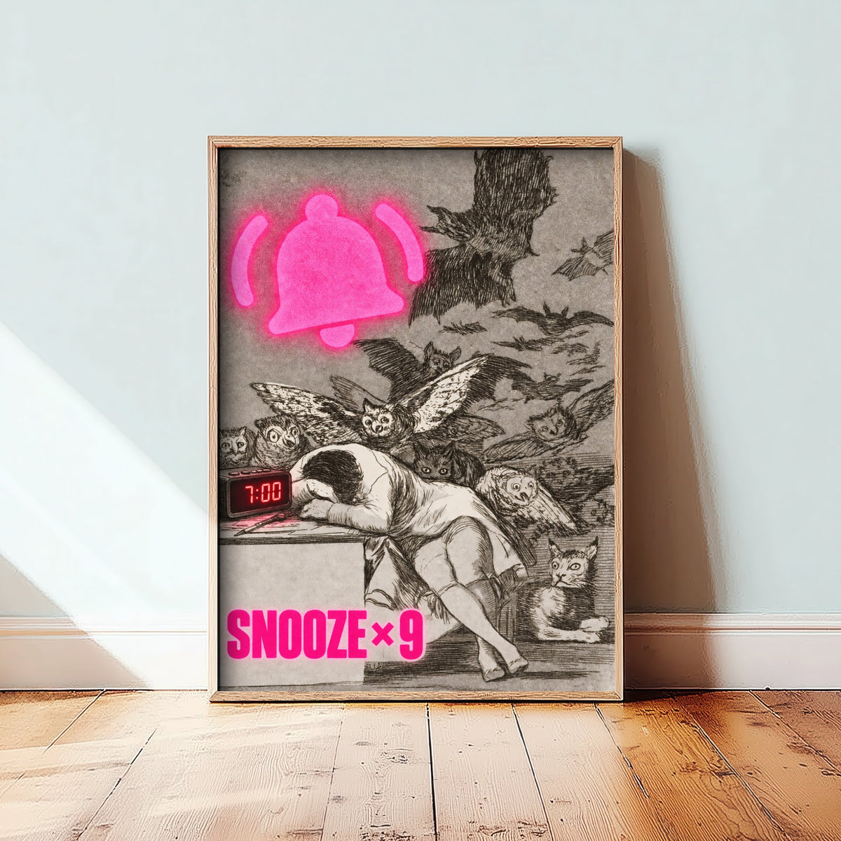 Snooze x9 Funny Art Print - The Sleep of Reason by Goya Parody Poster - Altered Classic Etching Illustration - Night Owl Gift