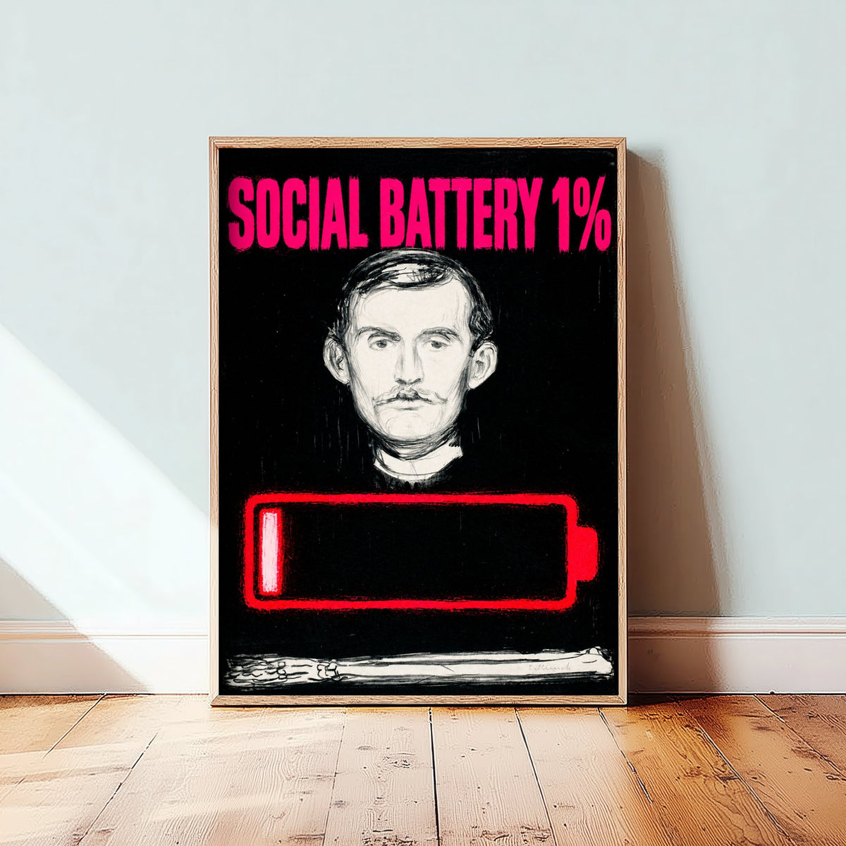 Social Battery 1% Funny Art Print - Self-Portrait by Munch Parody Poster - Altered Classic Lithograph Illustration - Introvert Gift