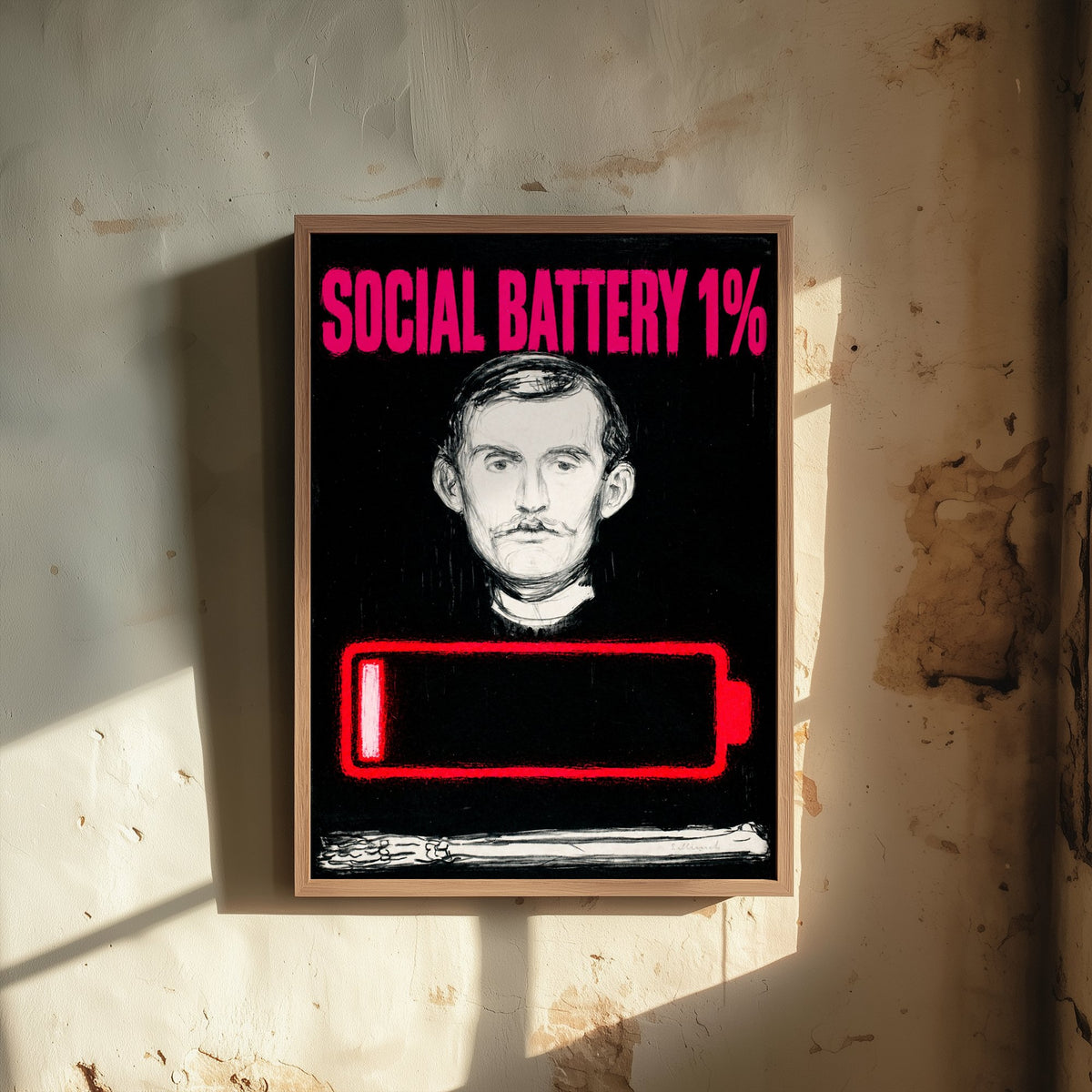 Social Battery 1% Funny Art Print - Self-Portrait by Munch Parody Poster - Altered Classic Lithograph Illustration - Introvert Gift