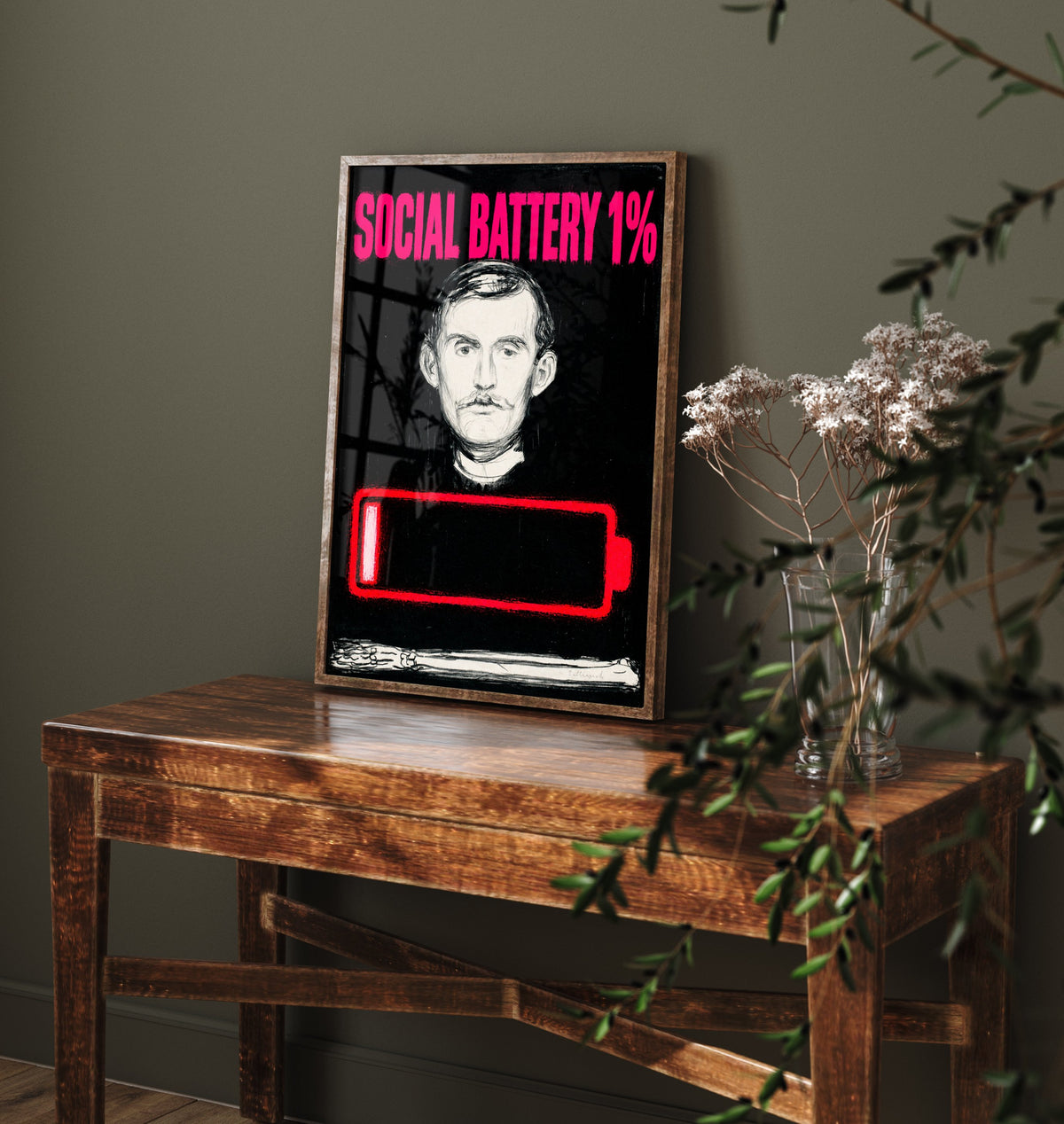 Social Battery 1% Funny Art Print - Self-Portrait by Munch Parody Poster - Altered Classic Lithograph Illustration - Introvert Gift