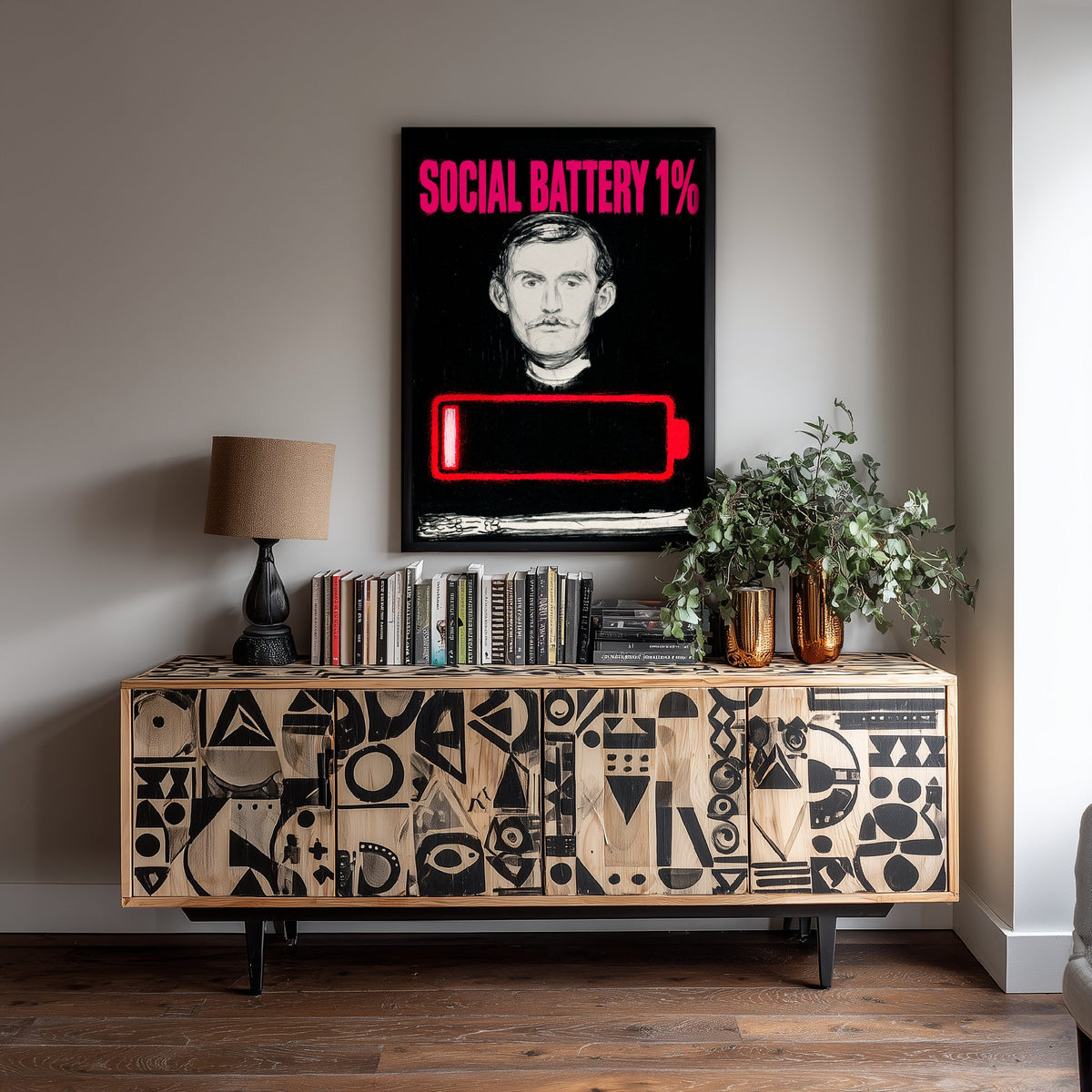 Social Battery 1% Funny Art Print - Self-Portrait by Munch Parody Poster - Altered Classic Lithograph Illustration - Introvert Gift