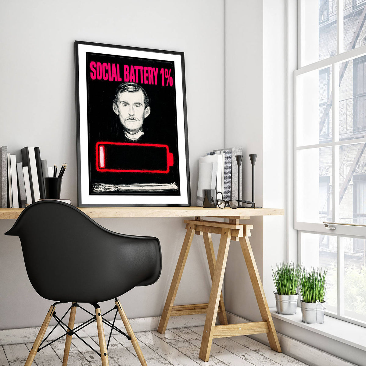 Social Battery 1% Funny Art Print - Self-Portrait by Munch Parody Poster - Altered Classic Lithograph Illustration - Introvert Gift