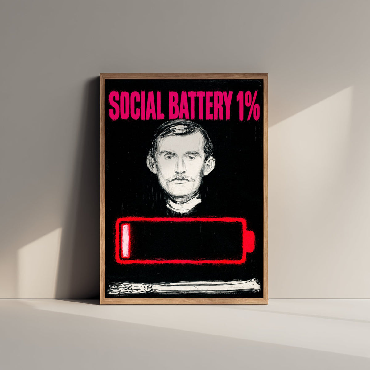 Social Battery 1% Funny Art Print - Self-Portrait by Munch Parody Poster - Altered Classic Lithograph Illustration - Introvert Gift