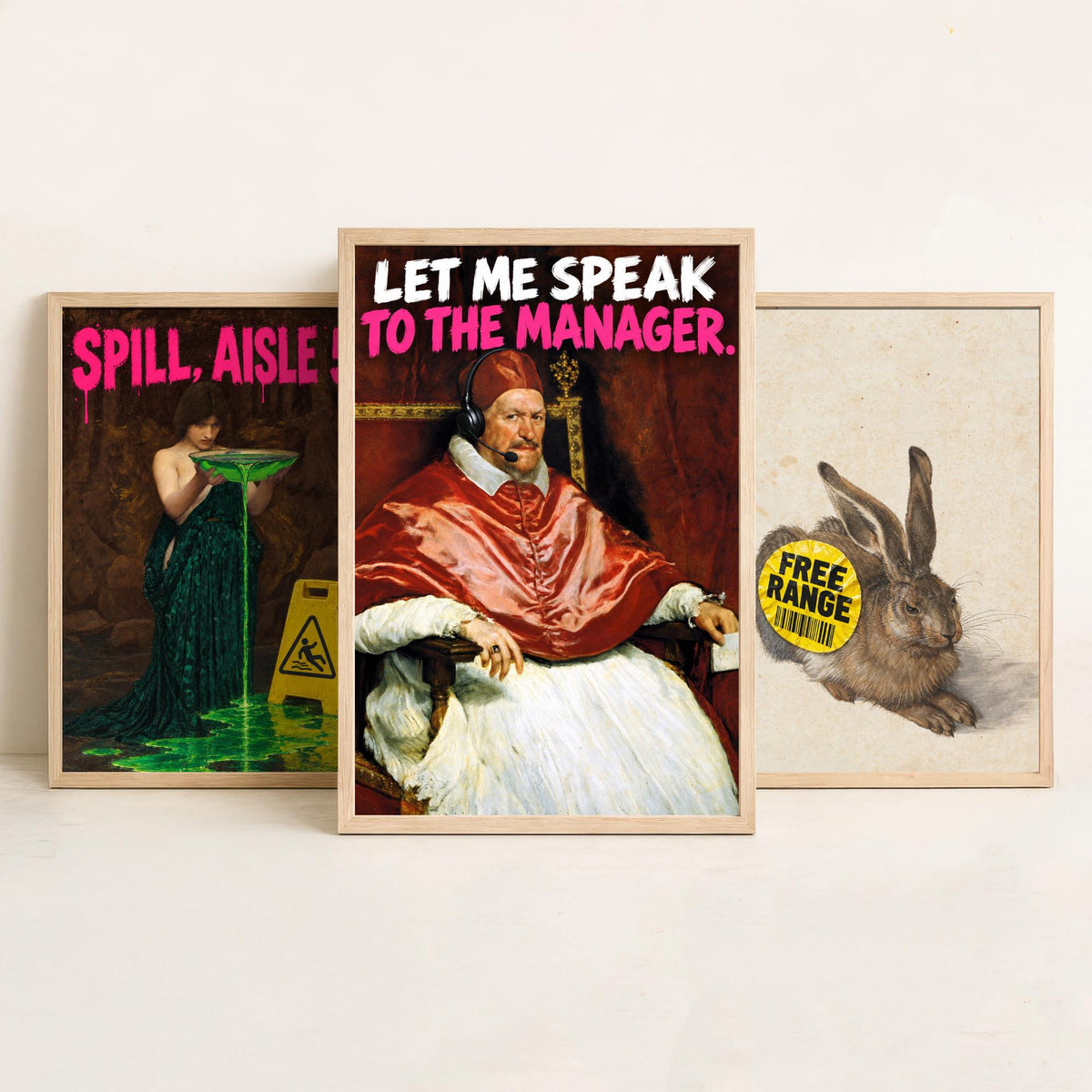 Funny Supermarket Set of Three Art Prints - Spill Aisle 5, Free Range, Let Me Speak to the Manager - Classic Painting Parody Poster
