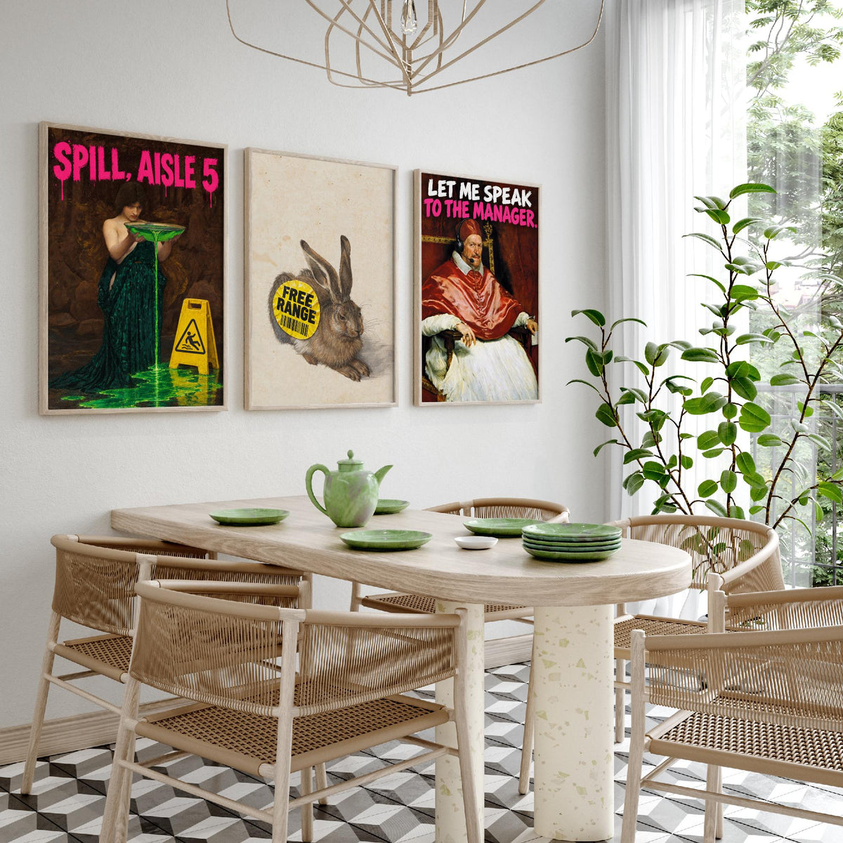 Funny Supermarket Set of Three Art Prints - Spill Aisle 5, Free Range, Let Me Speak to the Manager - Classic Painting Parody Poster