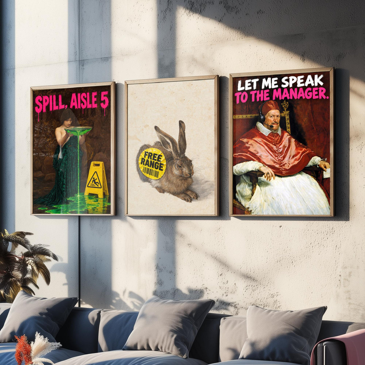 Funny Supermarket Set of Three Art Prints - Spill Aisle 5, Free Range, Let Me Speak to the Manager - Classic Painting Parody Poster