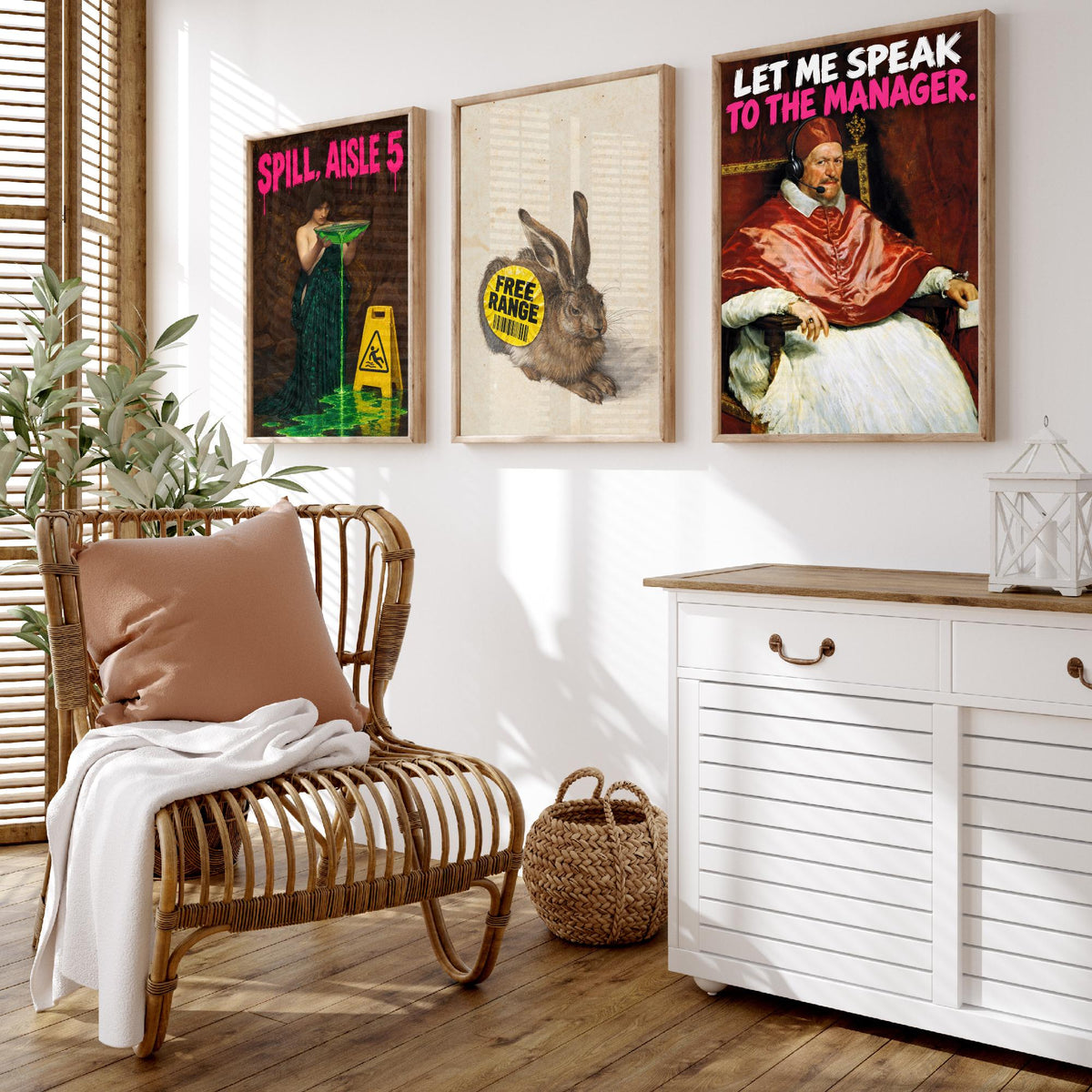 Funny Supermarket Set of Three Art Prints - Spill Aisle 5, Free Range, Let Me Speak to the Manager - Classic Painting Parody Poster