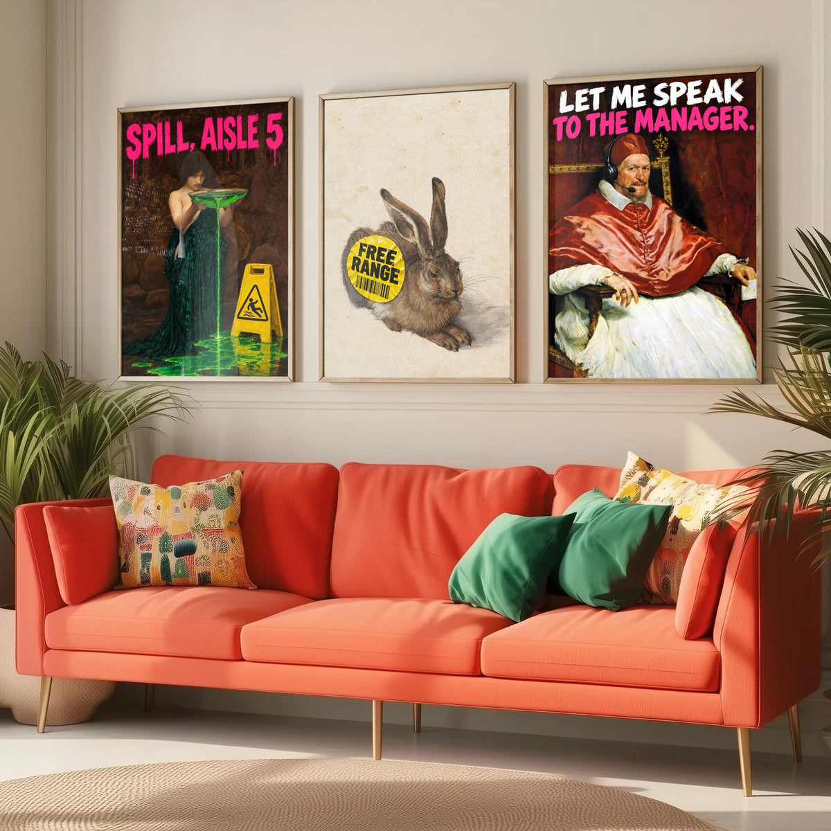 Funny Supermarket Set of Three Art Prints - Spill Aisle 5, Free Range, Let Me Speak to the Manager - Classic Painting Parody Poster