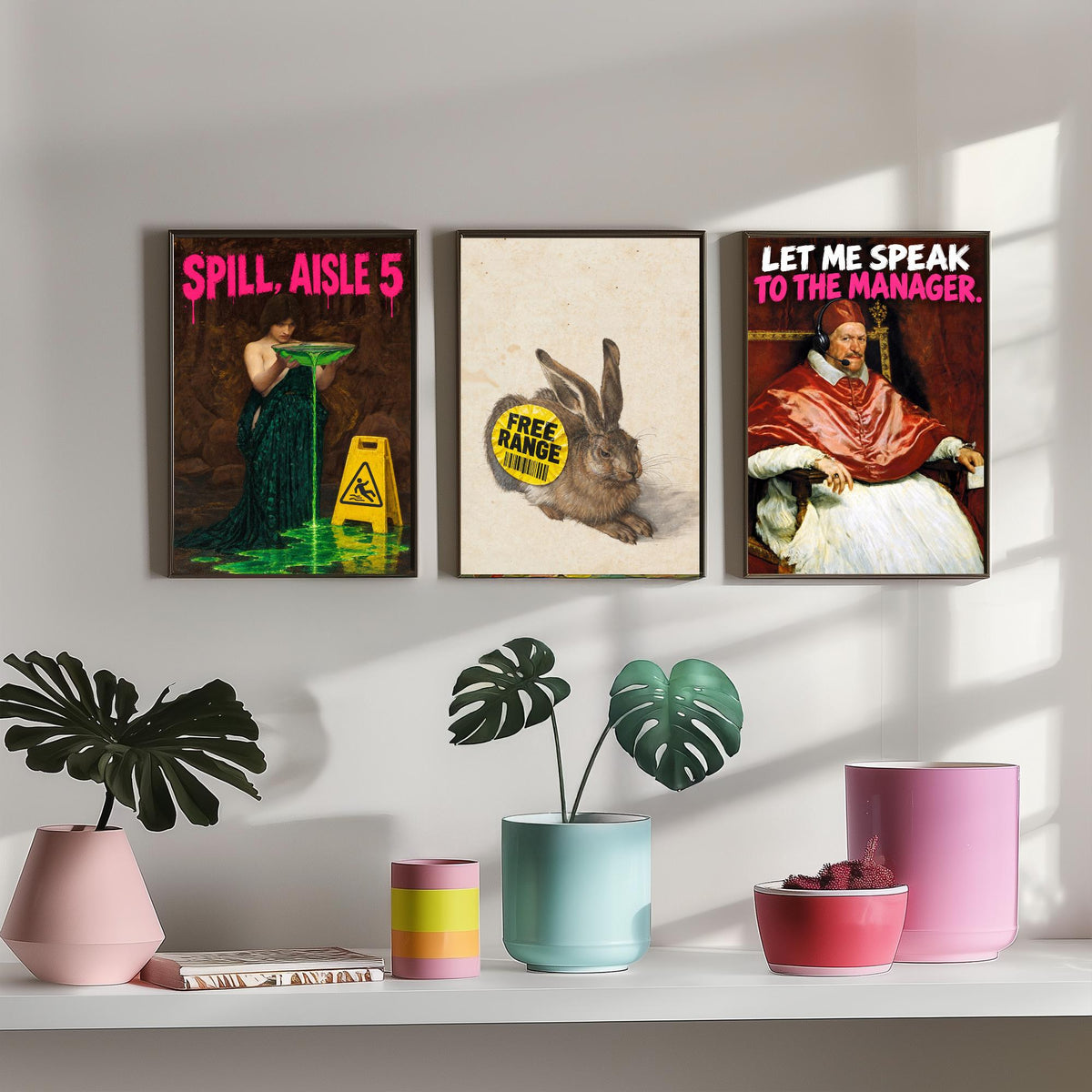 Funny Supermarket Set of Three Art Prints - Spill Aisle 5, Free Range, Let Me Speak to the Manager - Classic Painting Parody Poster