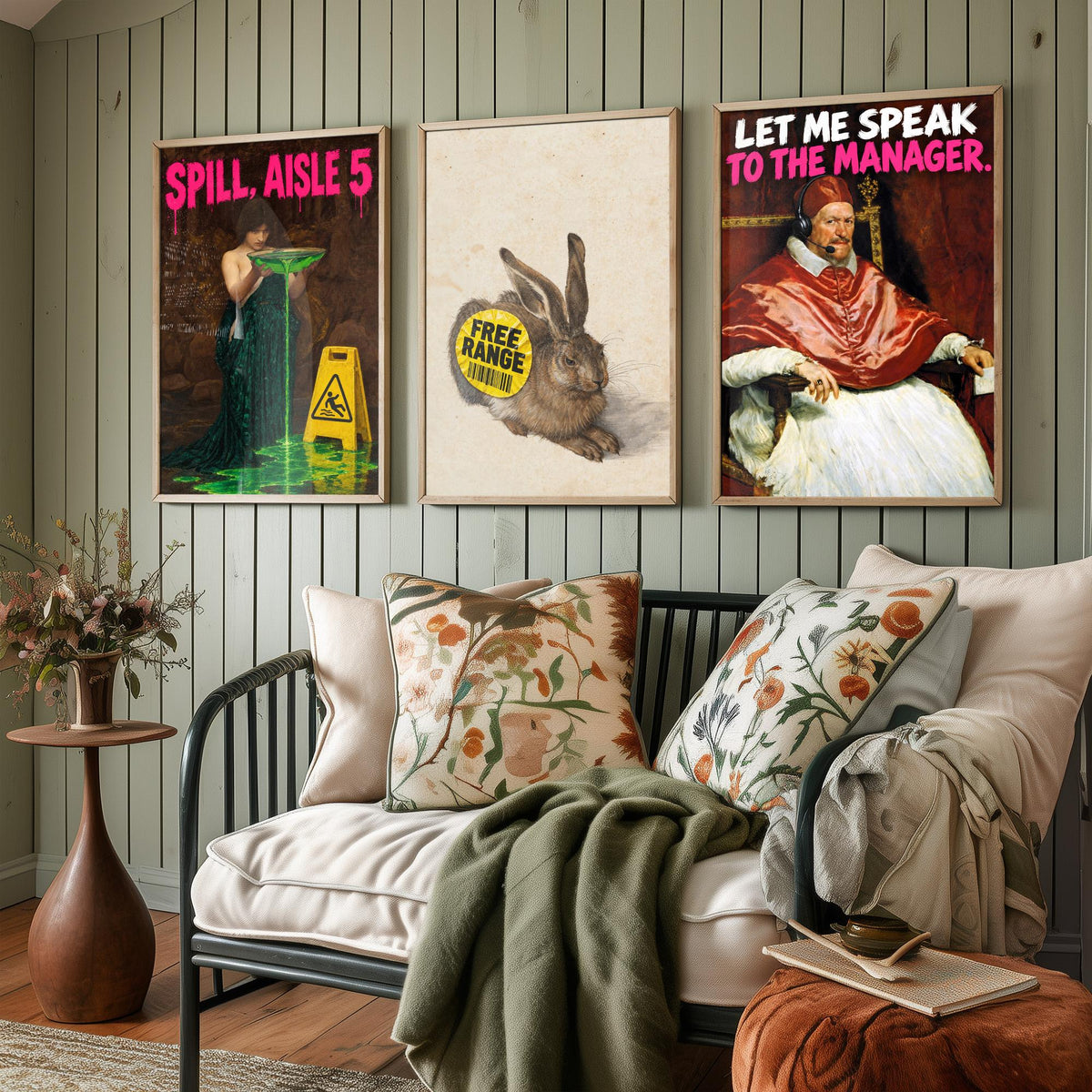 Funny Supermarket Set of Three Art Prints - Spill Aisle 5, Free Range, Let Me Speak to the Manager - Classic Painting Parody Poster