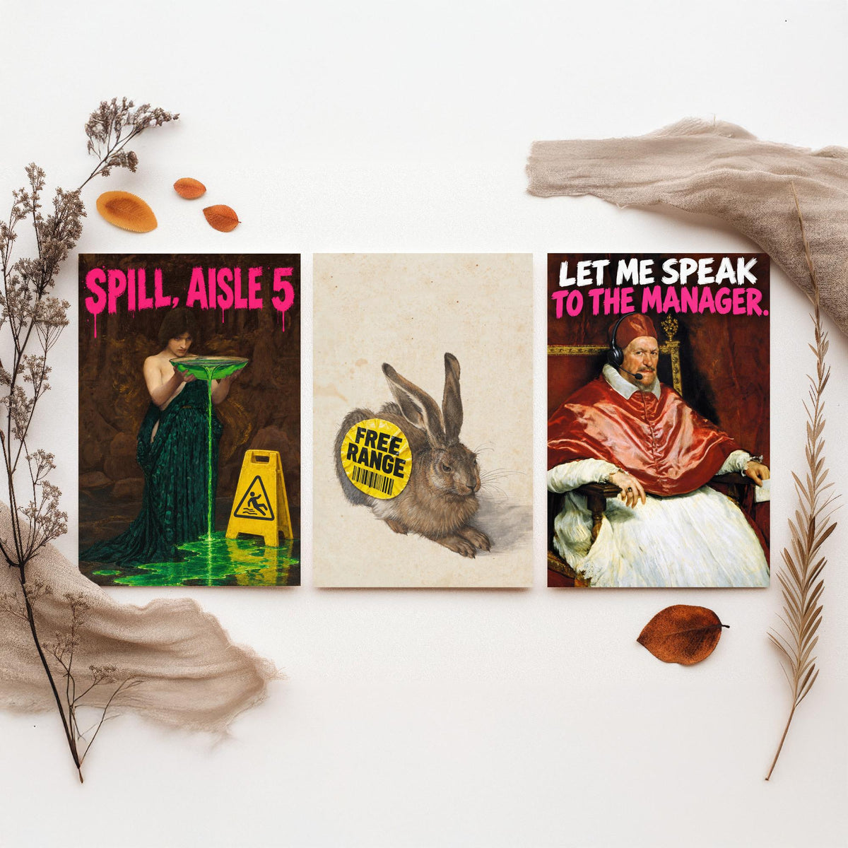 Funny Supermarket Set of Three Art Prints - Spill Aisle 5, Free Range, Let Me Speak to the Manager - Classic Painting Parody Poster