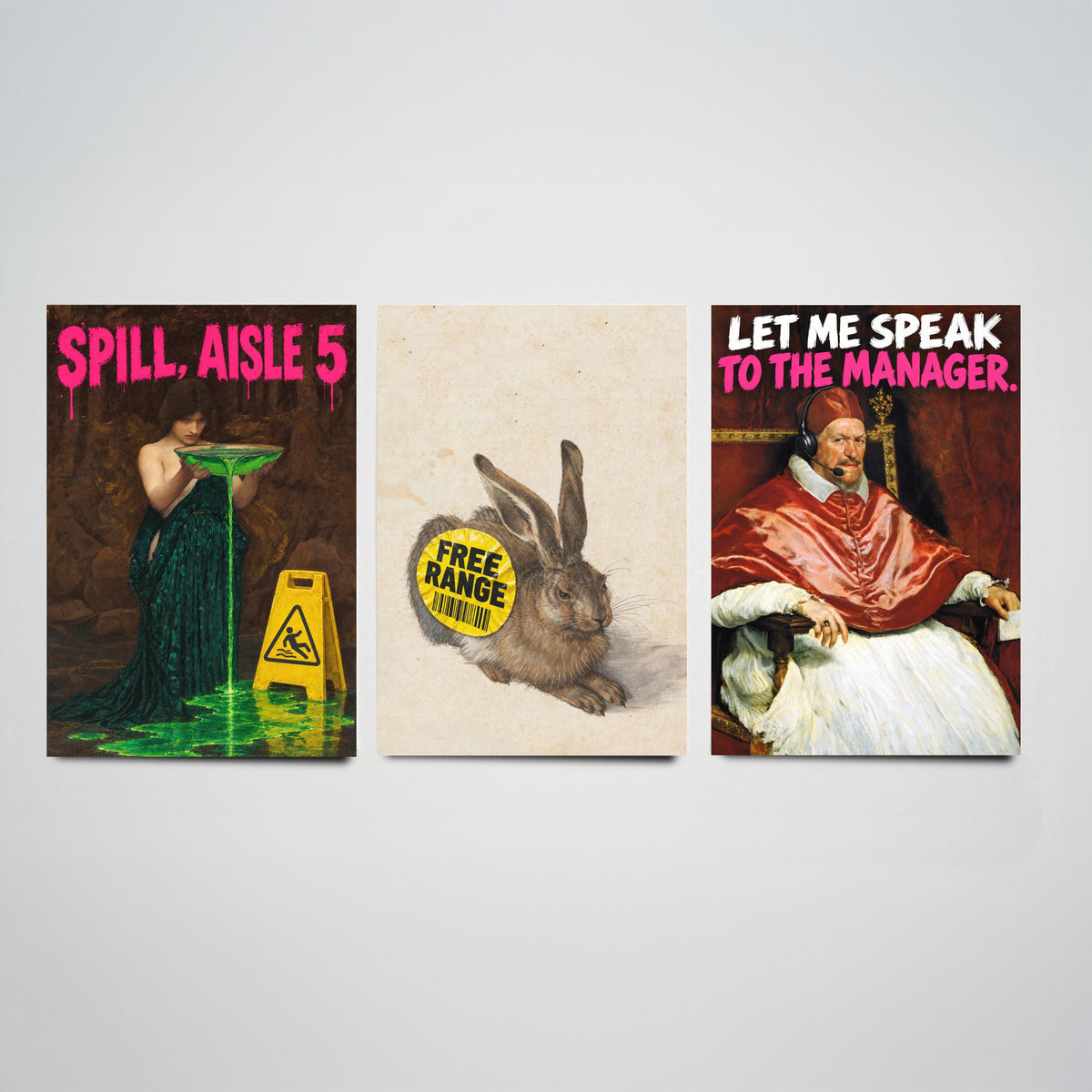 Funny Supermarket Set of Three Art Prints - Spill Aisle 5, Free Range, Let Me Speak to the Manager - Classic Painting Parody Poster