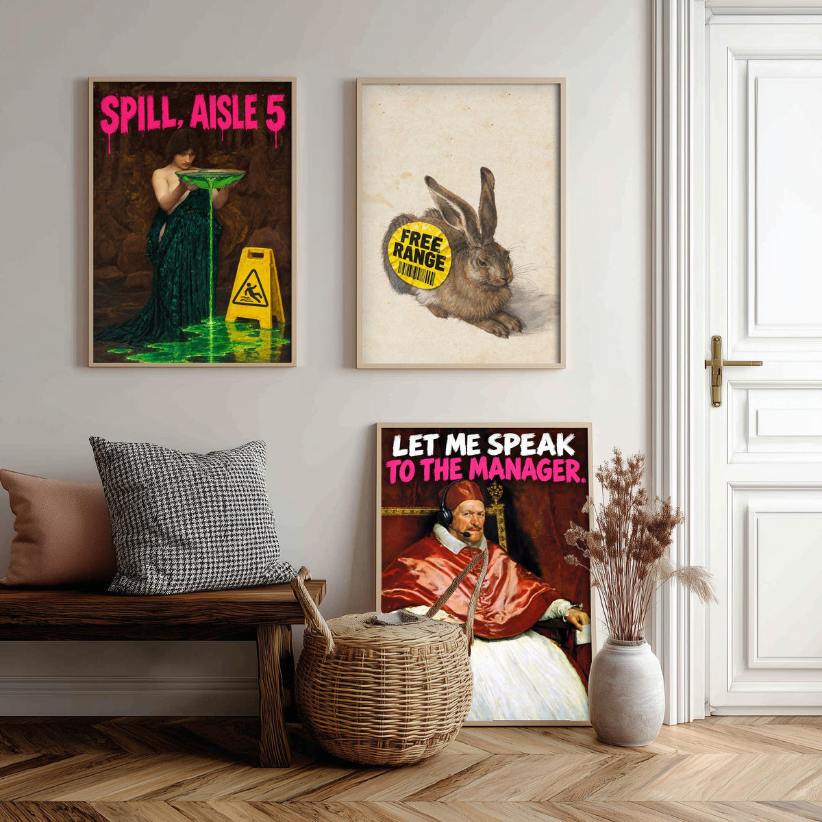 Funny Supermarket Set of Three Art Prints - Spill Aisle 5, Free Range, Let Me Speak to the Manager - Classic Painting Parody Poster