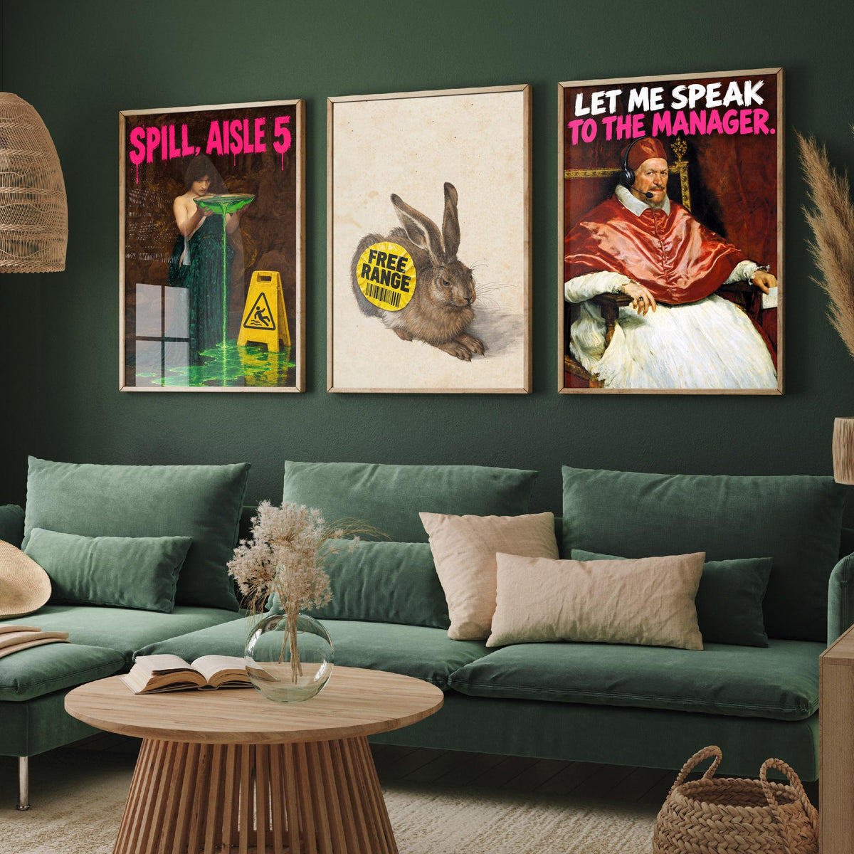 Funny Supermarket Set of Three Art Prints - Spill Aisle 5, Free Range, Let Me Speak to the Manager - Classic Painting Parody Poster