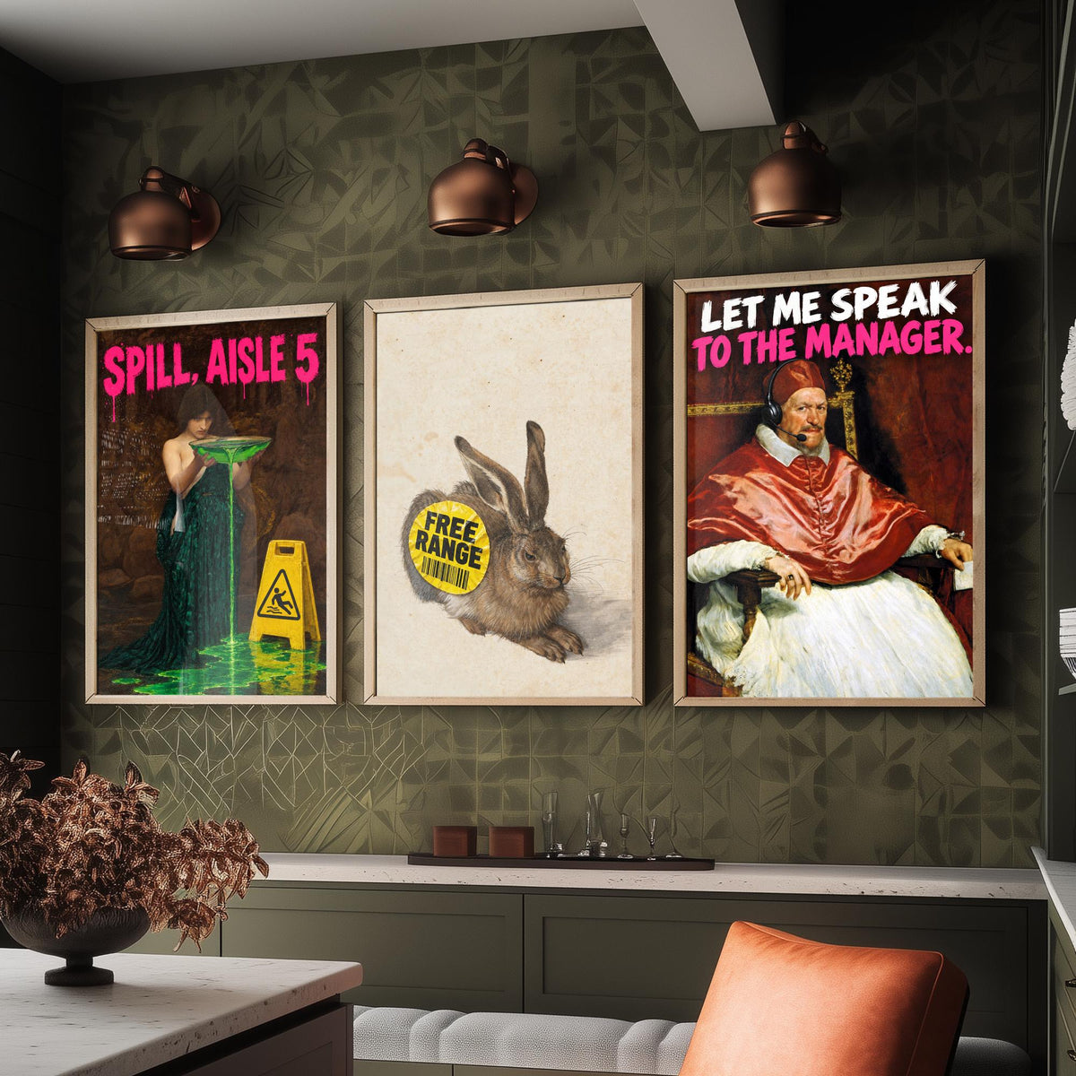 Funny Supermarket Set of Three Art Prints - Spill Aisle 5, Free Range, Let Me Speak to the Manager - Classic Painting Parody Poster