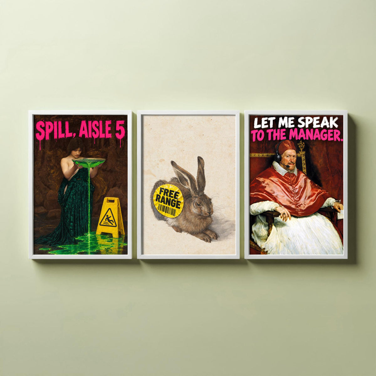 Funny Supermarket Set of Three Art Prints - Spill Aisle 5, Free Range, Let Me Speak to the Manager - Classic Painting Parody Poster