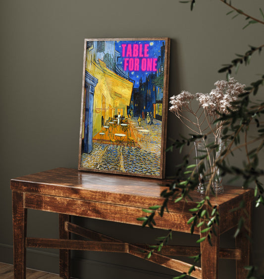 Table for One Funny Art Print - Cafe Terrace at Night by Van Gogh Parody Poster - Altered Classic Painting - Solo Traveller Gift