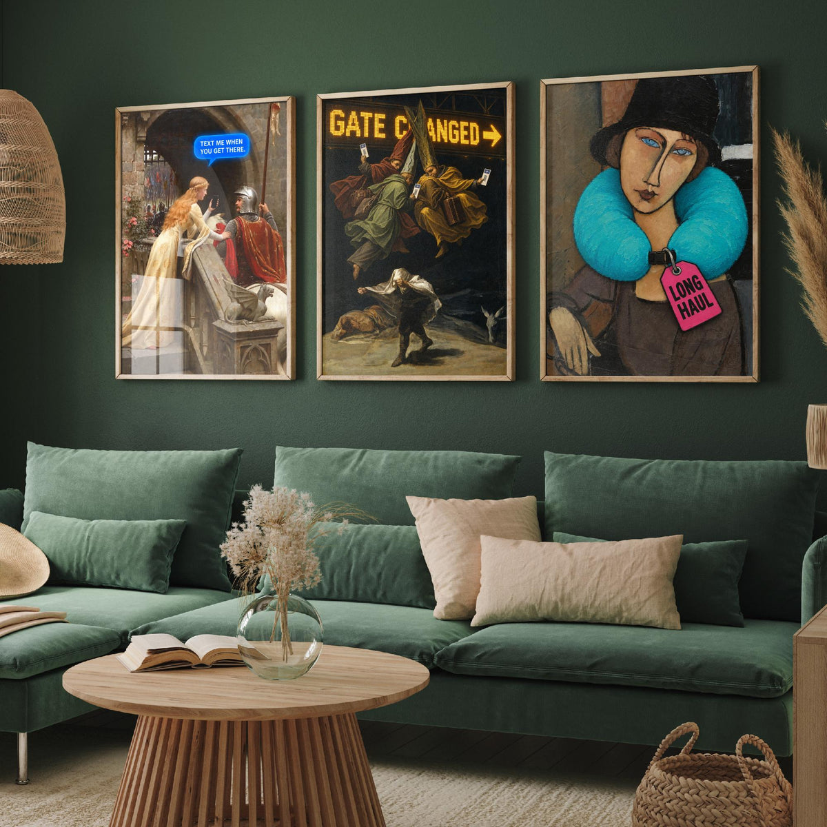 Funny Travel Set of Three Art Prints - Text Me When You Get There, Gate Changed, Long Haul - Classic Painting Parody Poster
