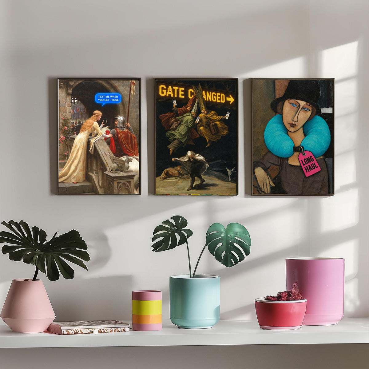 Funny Travel Set of Three Art Prints - Text Me When You Get There, Gate Changed, Long Haul - Classic Painting Parody Poster