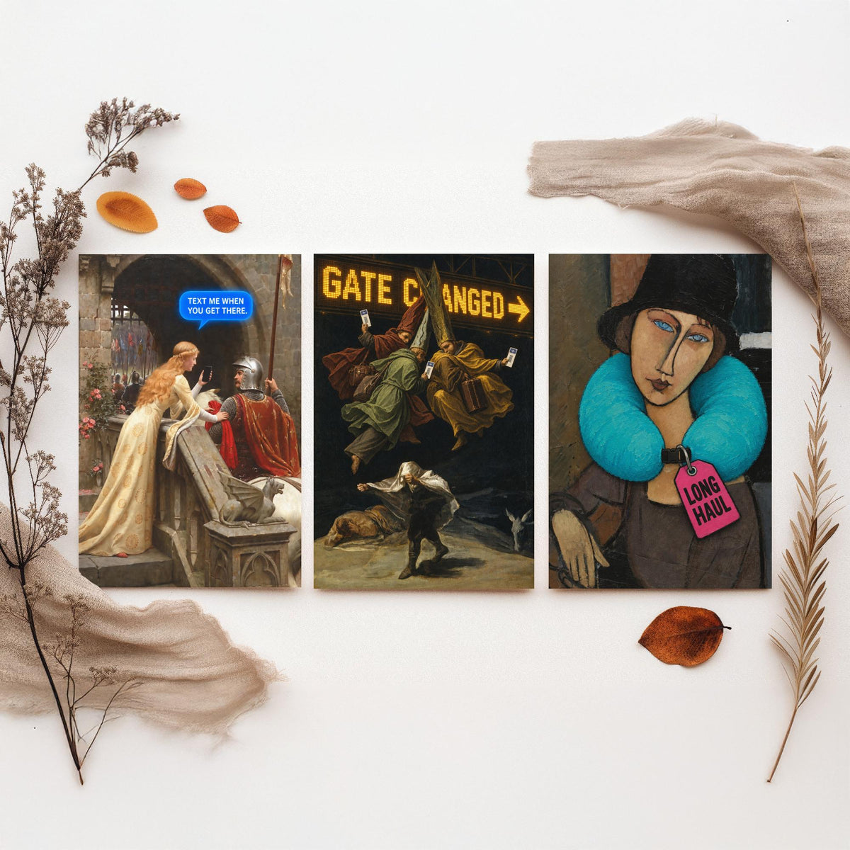 Funny Travel Set of Three Art Prints - Text Me When You Get There, Gate Changed, Long Haul - Classic Painting Parody Poster
