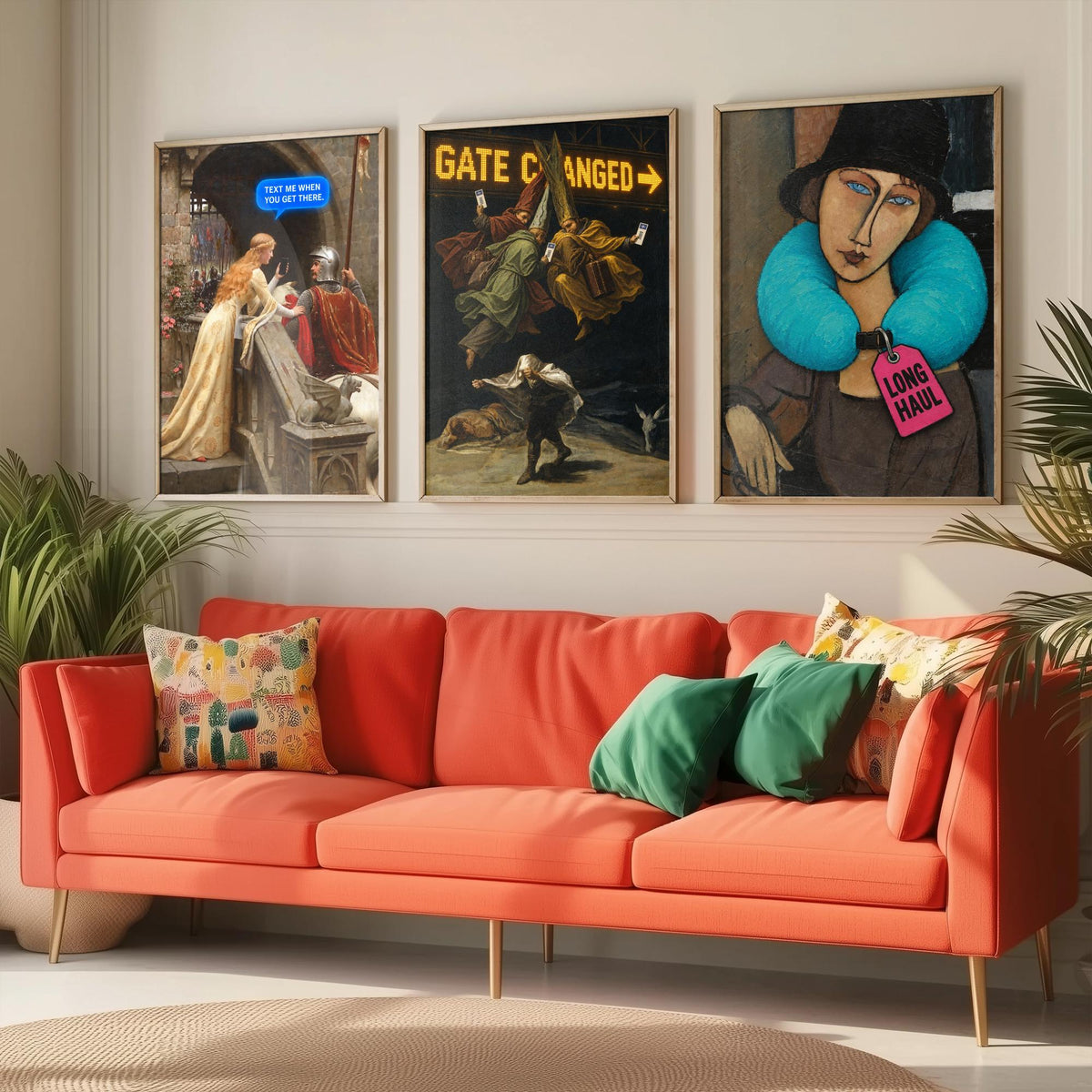 Funny Travel Set of Three Art Prints - Text Me When You Get There, Gate Changed, Long Haul - Classic Painting Parody Poster