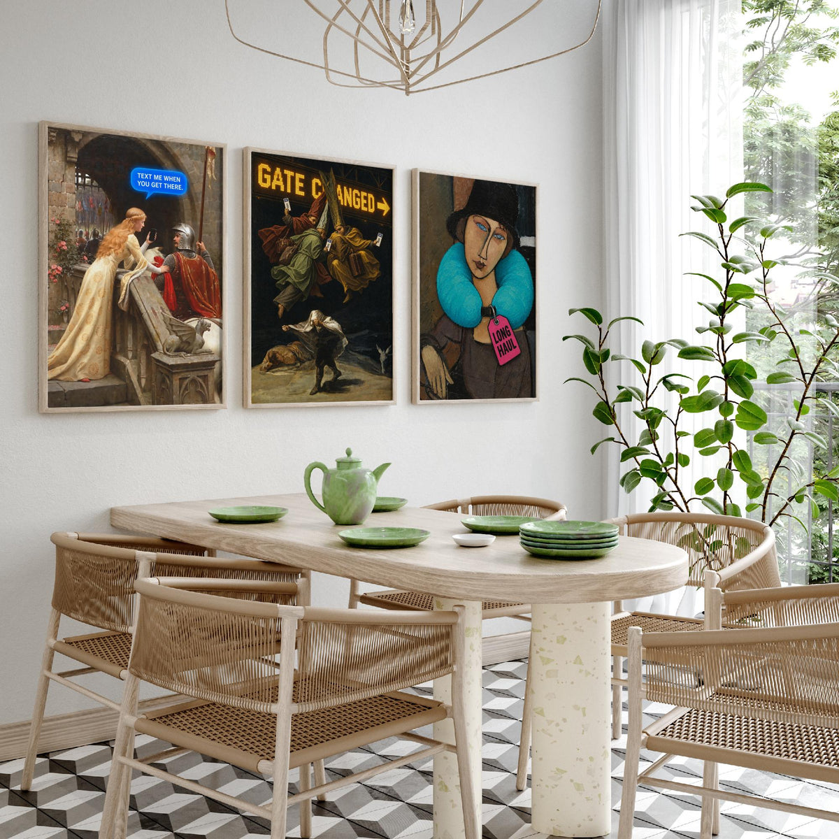 Funny Travel Set of Three Art Prints - Text Me When You Get There, Gate Changed, Long Haul - Classic Painting Parody Poster