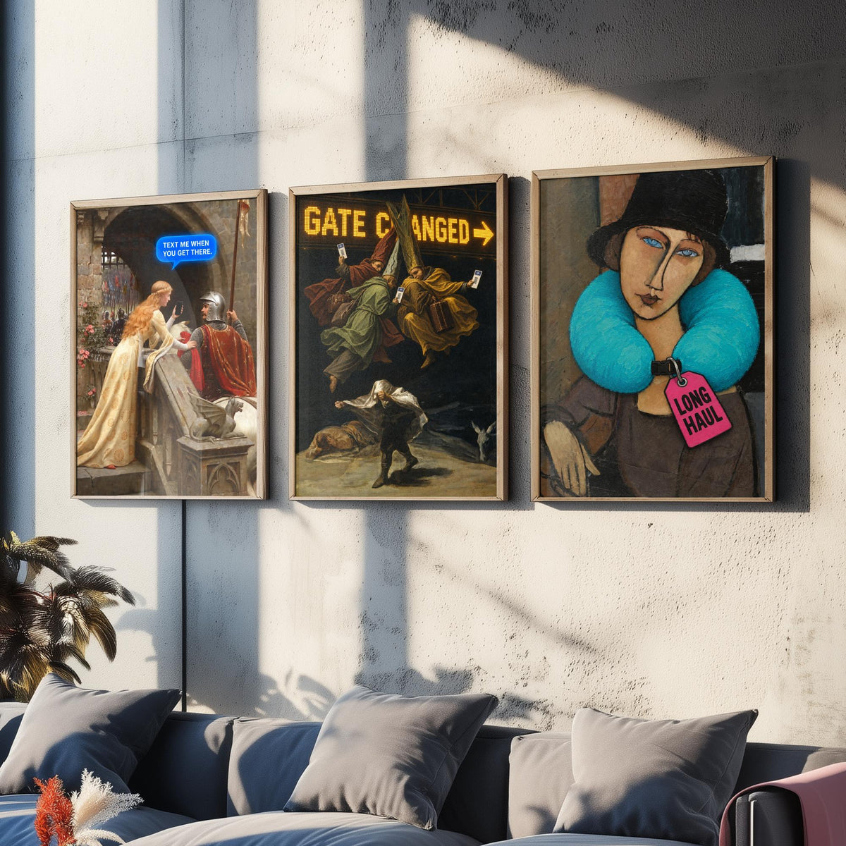 Funny Travel Set of Three Art Prints - Text Me When You Get There, Gate Changed, Long Haul - Classic Painting Parody Poster