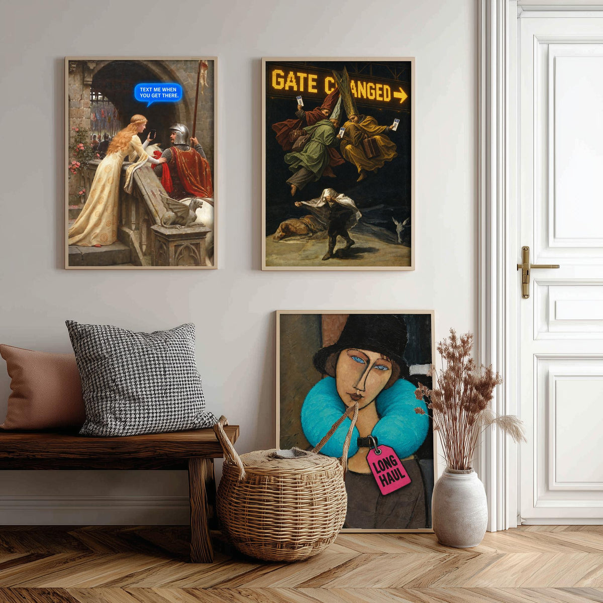 Funny Travel Set of Three Art Prints - Text Me When You Get There, Gate Changed, Long Haul - Classic Painting Parody Poster