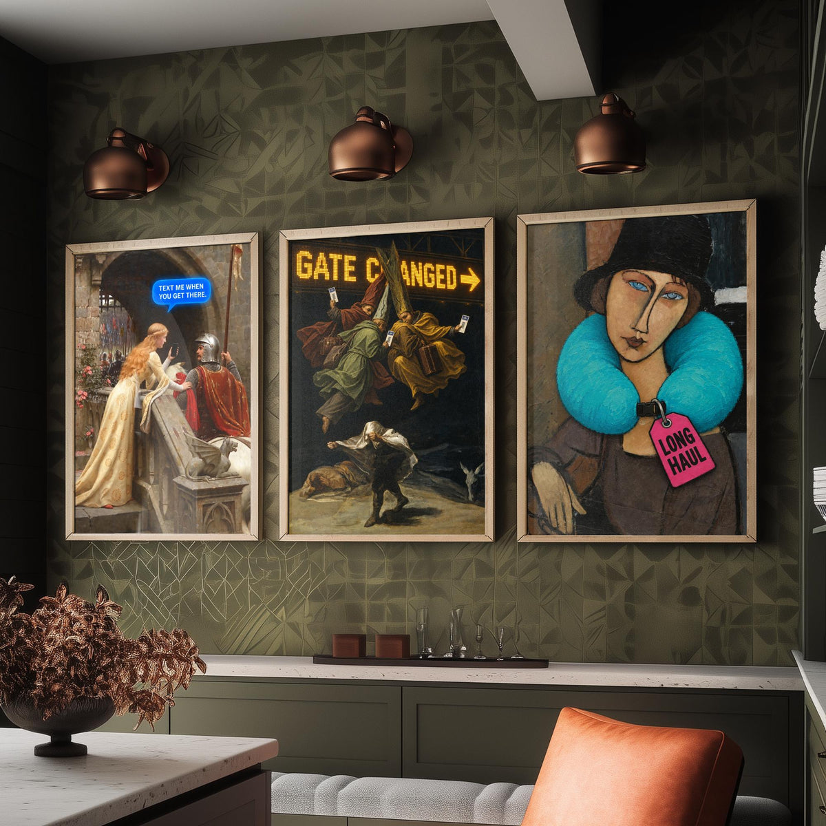 Funny Travel Set of Three Art Prints - Text Me When You Get There, Gate Changed, Long Haul - Classic Painting Parody Poster