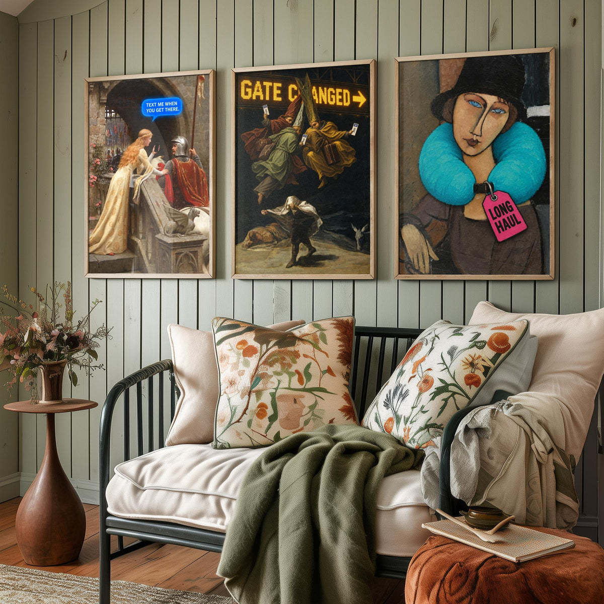 Funny Travel Set of Three Art Prints - Text Me When You Get There, Gate Changed, Long Haul - Classic Painting Parody Poster