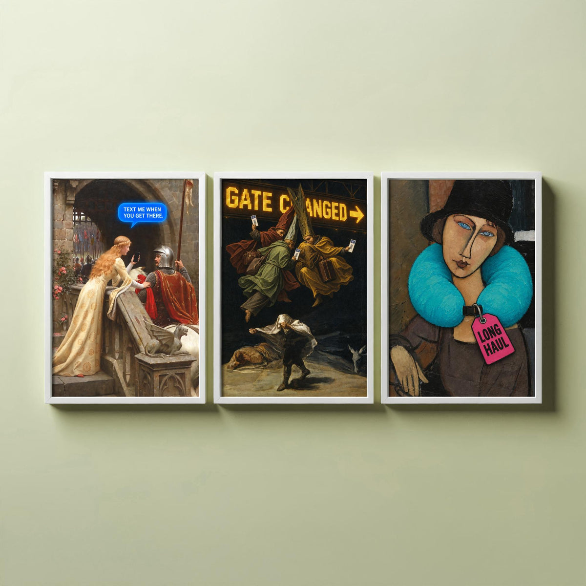 Funny Travel Set of Three Art Prints - Text Me When You Get There, Gate Changed, Long Haul - Classic Painting Parody Poster