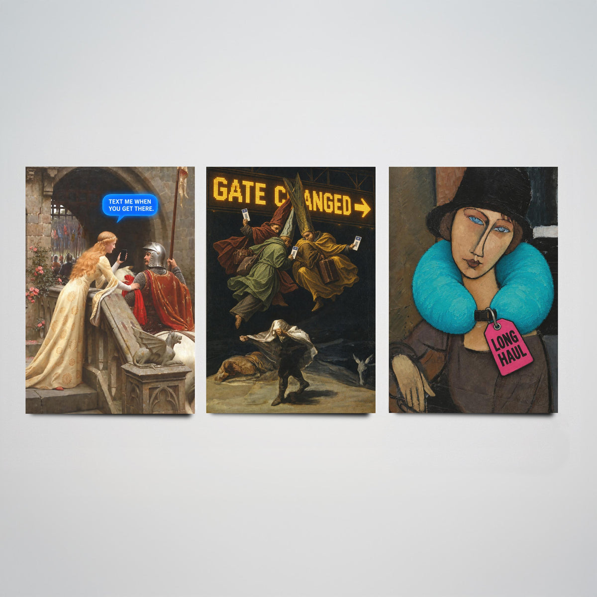 Funny Travel Set of Three Art Prints - Text Me When You Get There, Gate Changed, Long Haul - Classic Painting Parody Poster