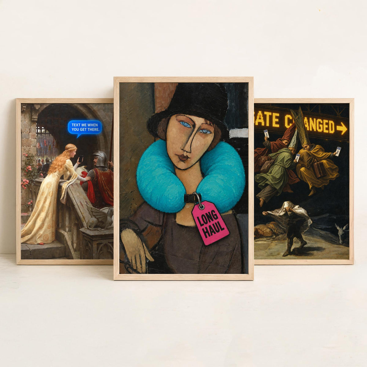 Funny Travel Set of Three Art Prints - Text Me When You Get There, Gate Changed, Long Haul - Classic Painting Parody Poster