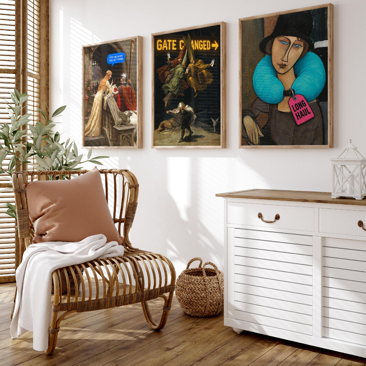Funny Travel Set of Three Art Prints - Text Me When You Get There, Gate Changed, Long Haul - Classic Painting Parody Poster