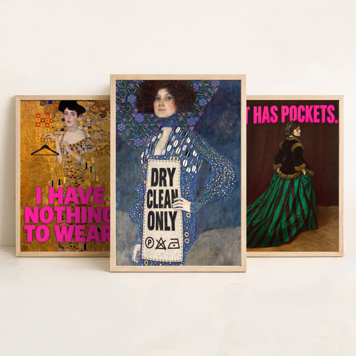 Funny Wardrobe Set of Three Art Prints - I Have Nothing to Wear, It Has Pockets, Dry Clean Only - Classic Painting Parody Poster